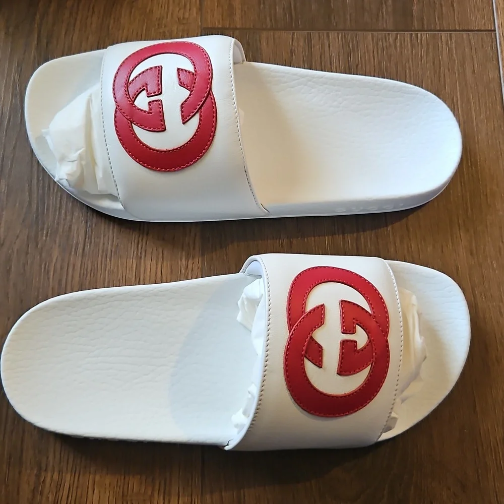 GUCCI INTERLOCKING G LEATHER SLIDES WHITE SIZE EU 38 - Picture 11 of 16